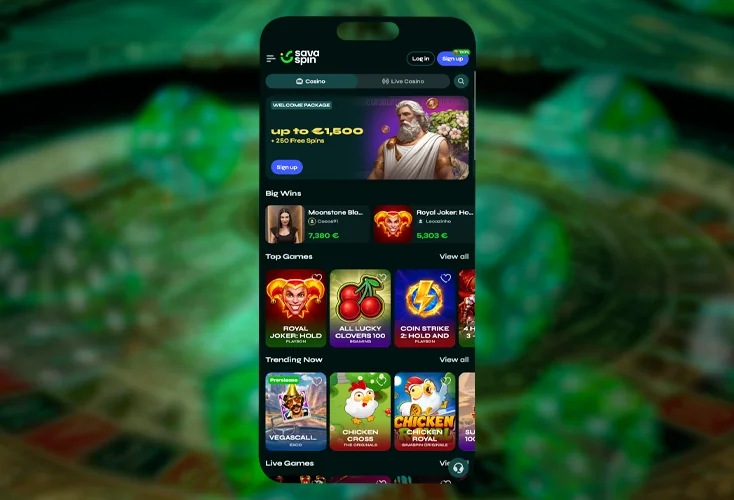 Página principal del casino en la aplicación